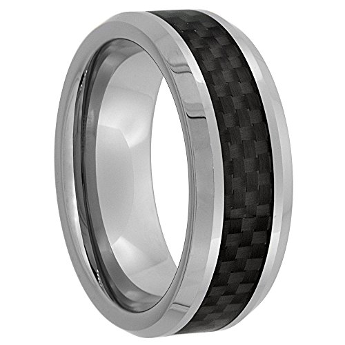 8mm Tungsten Wedding Band Black Carbon Fiber Inlay Beveled Edges Comfort fit, sizes 7 to 14