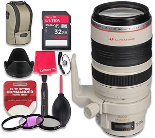 Canon EF 28-300mm f/3.5-5.6L IS USM Lens with 32GB Ultra Pro Speed Class 10 SDHC Memory Card + 3pc Filter Kit (UV-FLD-CPL) + Deluxe Sleeve + Celltime Microfiber Cleaning Cloth - International Version