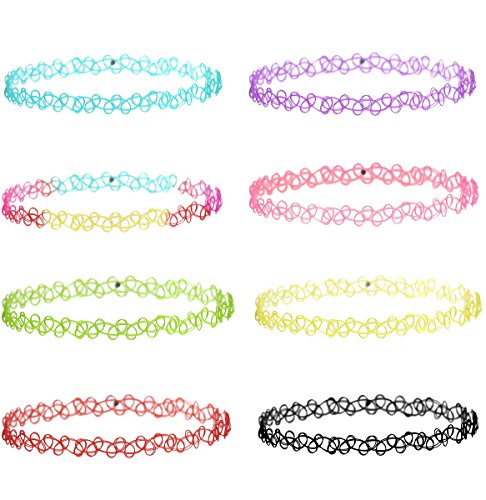 Besteel 8 PCS Gothic Womens Rubber Necklace Chain Double Line Henna Tattoo Choker Necklace Stretch Elastic Set for Teen 80s 90s