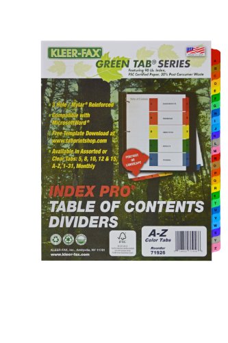 Kleer-Fax Index Pro - Table of Contents Dividers, 26 Tab - A to Z, 11 x 9 x 1/4 Inches, One Set, Assorted Colors, 71926