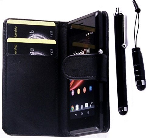 R.BAWA. Pack Containing 5 Parts. Black Leather Wallet Case For Sony Xperia M + 2 Screen Protectors + 2 Stylus Pens