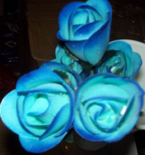 6 Handmade 1/2 Open Wooden BLUE Roses With DARK BLUE Tips