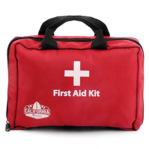 California Basics 115 Piece First Aid Kit for Home, Car, Travel, Includes Eye Wash, Cold Pack, Emergency Blanket, Earthquake Kit, EMT Approved, Red