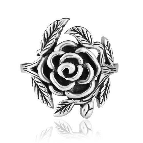 925 Sterling Silver 20 mm Vintage Style Detailed Rose with Leaves Ring - Nickel Free