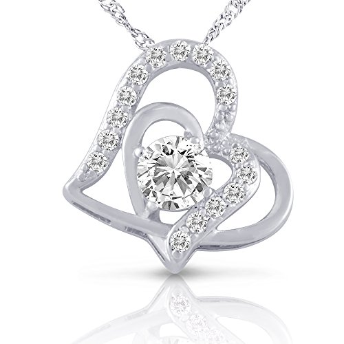 Silver Tone Rhodium Plated Double Open Heart Pendant Necklace-jewelry for Teens, Girlfriend, Mom or Women