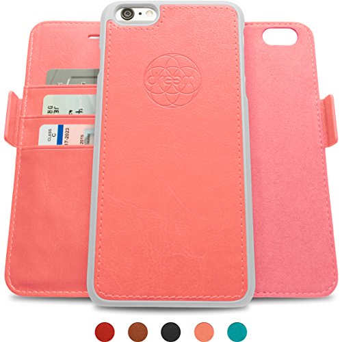 Dreem Fibonacci iP6+ Wallet Case with Detachable Folio, Premium Vegan Leather, 2 Kickstands, Gift Box, for iPhone 6/6s PLUS - Coral Pink