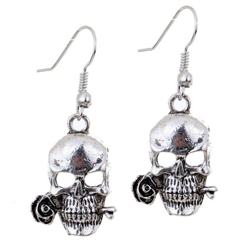YAZILIND Punk Tibetan Silver Cool Hollow Skull Rose Design Ear Wire Hook Dangle Earrings