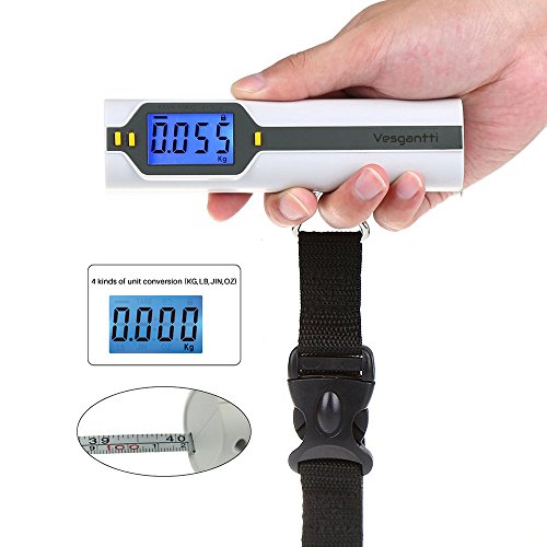 Built-in 3ft Tape Measure Vesgantti Digital Luggage Scale with Backlight LCD, Temperature Sensor and Tare Function - Weight range from 0.02-50KG/110lbs - Portable