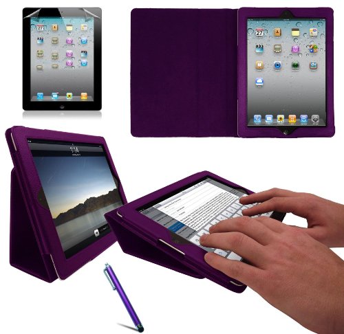 New Apple iPad Mini 2012 (ALL Model Versions) PURPLE Multi-Function Leather Case / Cover / Typing & Viewing Stand / Flip Case With Magnetic Sleep Sensor & Sunny Savers Screen Protector Shield Guard & iPadMini Purple Stylus Pen Accessory Accessories Pack by InventCase®