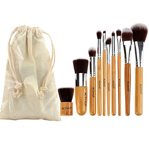 ACEVIVI 10 pcs Eco-friendly Bamboo Wooden Handle Makeup Brushes Vegan Cosmetic Original Kabuki Makeup Kit