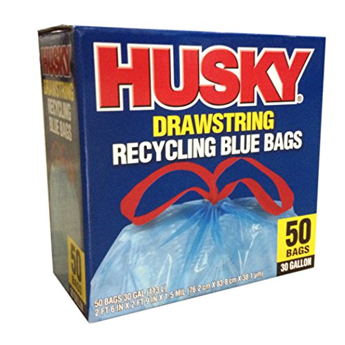 Poly America Husky HK30DS050BU 30-Gallon Drawstring Recycling Blue Bags, 50-Count