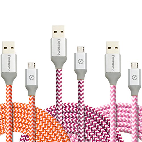 USB Cables, Eversame 3 Pack 6Ft 1.8M Premium Nylon Braided High Speed Data Sync Charger Cord with Aluminum Shell For Android, Samsung Galaxy S6 Edge Plus/Note 5, HTC and More (Hot Pink Orange Pink)