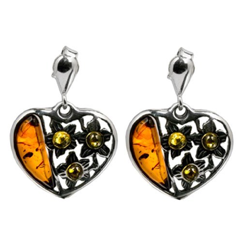 Sterling Silver Multicolor Amber Heart Stud Earrings