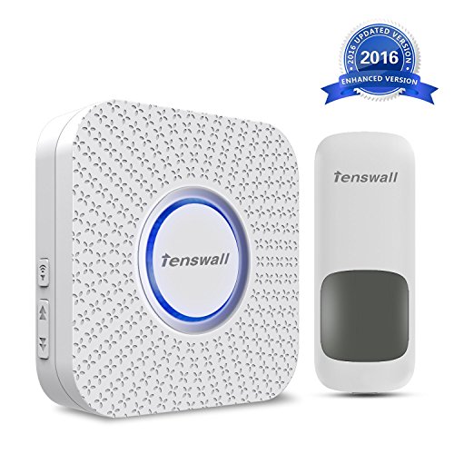 Wireless Doorbell By Tenswall- Waterproof Door Bell Kit- 1000 Feet Operating, 52 Chimes, 4 Level Volume, LED Indicator, 1 Remote Button & 1 (No Battery) Plug-In AC Receiver (White)- Easy Installation