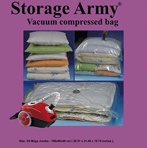 5 Mega Jumbo Storage Bags Seal Compressed Vacuum Bag Storage Home Organizer Comforter Space Saver & Travel Storage Bag By Storage Army® protection against Water | Odor | Mildew | Dust/Dirt and Insects