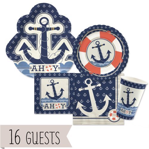 Ahoy Nautical - Party Tableware Plates, Cups, Napkins - Bundle for 16