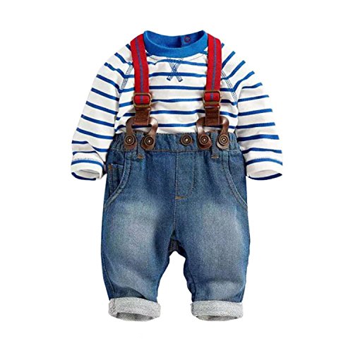 Baby Boys Jeans Bib Pants Striped T-shirt Top Overall