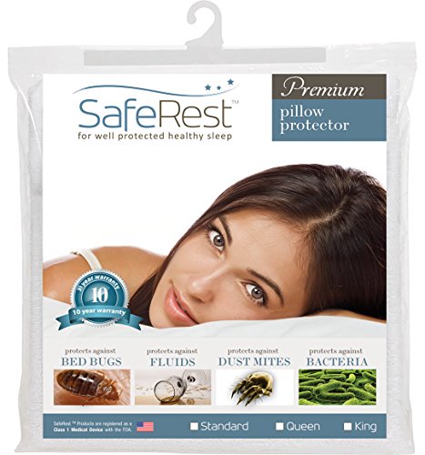 SafeRest Premium Hypoallergenic Bed Bug Proof Zippered Waterproof Pillow Protector (1) Queen Size