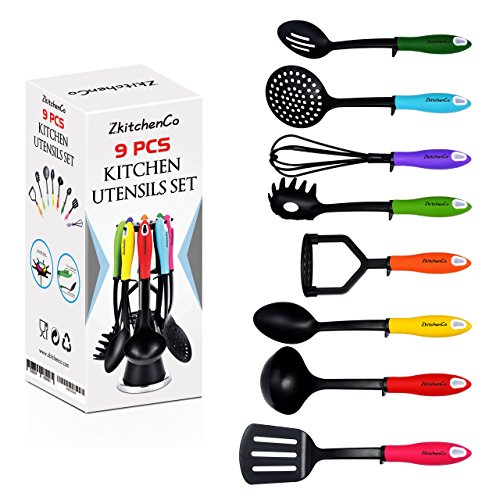 9-Piece Kitchen Utensils Home Cooking Tools, Kitchen Accessories, Multi-Colored Gadgets Gift Set - Spoon, Slotted Spoon, Masher, Skimmer, Whisk, ladle, Pasta Spoon, Slotted Turner with Rotatable Stand