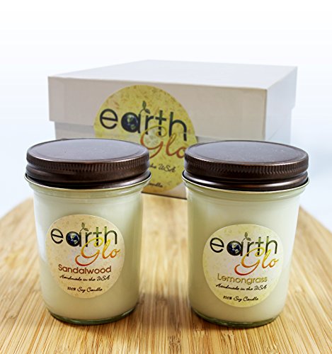 EarthGlo 100% Soy Candle Set Two 8oz Jar Candles Lemongrass And Sandalwood ~Two Scented Candles In Gift Box