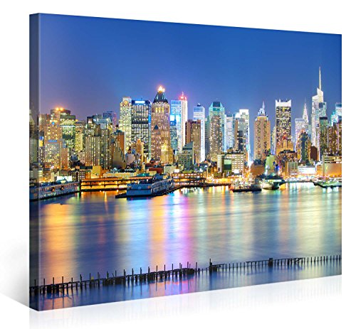 MANHATTAN MARINA - Premium Canvas Art Print - 40x30 inch Large New York Cityscape Wall Art Deco - Canvas Picture Stretched on Wooden Frame as Modern Gallery Artwork / e4772