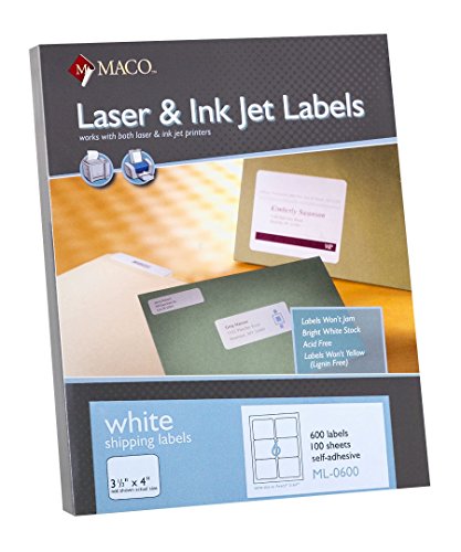 MACO Laser/Ink Jet White Shipping Labels, 3-1/3 x 4 Inches, 6 Per Sheet, 600 Per Box (ML-0600)