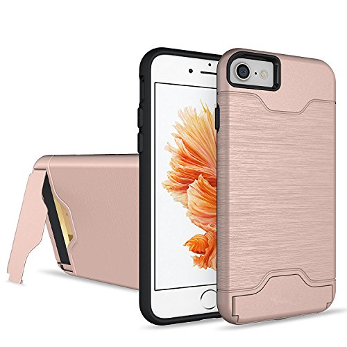 iPhone 7 Case,AOFU [Wallet Armor] Card Holder [Dual Layer] Hybird Shock Proof Protective with Kickstand Feature Premium Bumper Wallet Cases for iPhone 7 4.7 Inch-Rose Gold