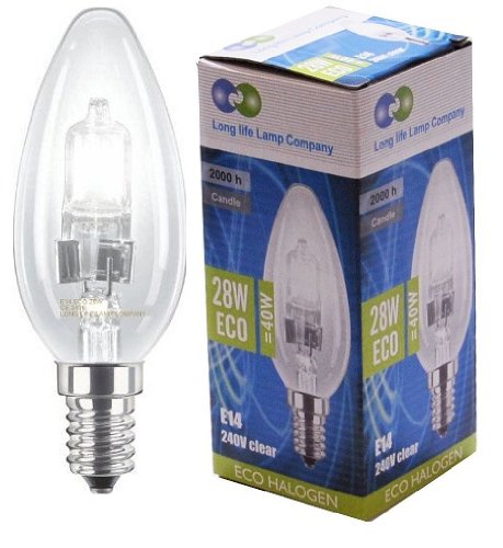 2 Long Life Lamp Company Eco Halogen Candles 28w Equivalent 40w Dimmable Halogen Candles Energy Saving Candle light bulbs E14 Edison SES