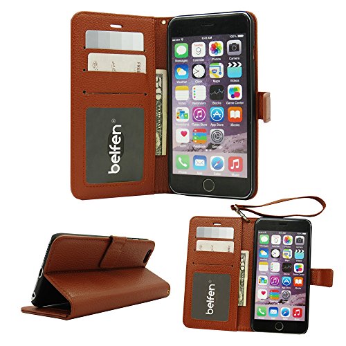 iPhone 6 Plus Case, Belfen®[PU Litchi Leather] iPhone 6 Plus (5.5) Case Wallet [Stand Feature] with Card Slots / ID Window / Inner Pocket/Wrist Strap - flip folio case for Iphone 6 Plus-Brown