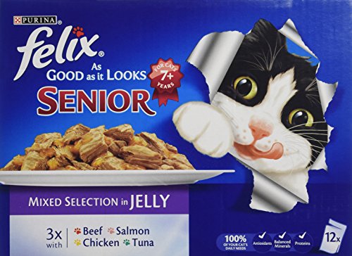 Felix As Good as it Looks Senior Favourites Selection in Jelly 12 x 100 g (Pack of 4, Total 48 Pouches)