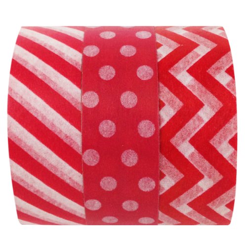 Wrapables Ravishing Red Washi Masking Tape, 10M by 15mm, Set of 3