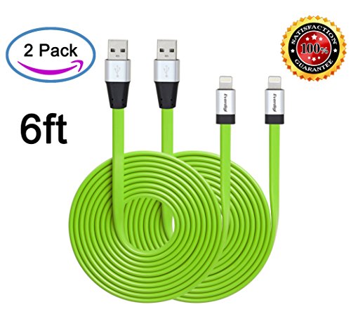 Everdigi(TM)2pcs 6ft Strengthened Extra Long Tangle-free Super Durable USB Charge&Sync Flat Data Cable Cord Wire - for iPhone 6, iPhone 6plus, iPhone 5, iPhone 5s, iPhone 5c, iPod Touch 5, iPad 4, iPad Air, iPad Mini with Authentication Chip Ensures Fastest Charging Speed. No Annoying Error Message, Lifetime Worry-free Guaranteed.(Green,2PCS)