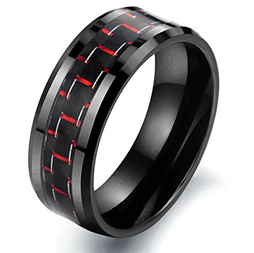 MIGAGA Mens 8mm Tungsten Ring Beveled Edge Black & Red Carbon Fiber Inlay Engagement Wedding Band