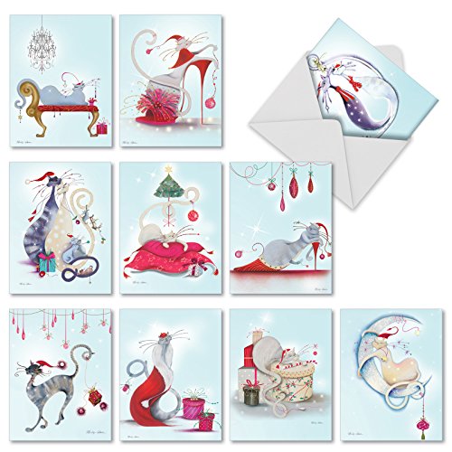 M2301 Catitude Festive Felines: 10 Assorted Christmas Note Cards Featuring Stylish Holiday Cats, W/White Envelopes.