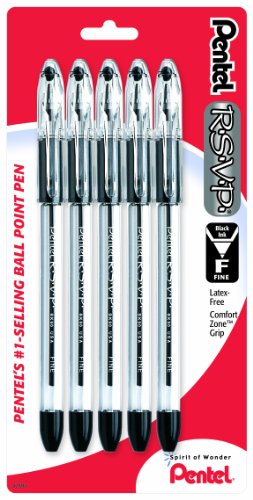Pentel R.S.V.P. Ballpoint Pen, Fine Line, Black Ink, 5 Pack  (BK90BP5A)