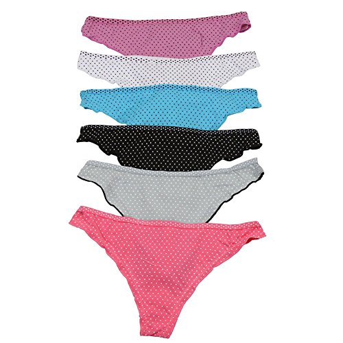 ToBeInStyle Women's Pack of 6 Polka Dot and Lace Back Thong Underwear