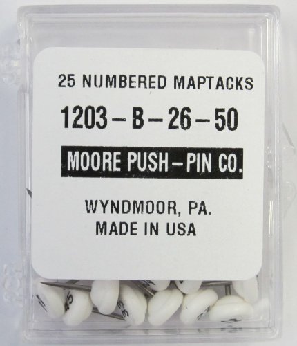 Moore Push-Pin 1203-B-26-50 Numbered Map Tacks, White, 25 Tacks per Pack
