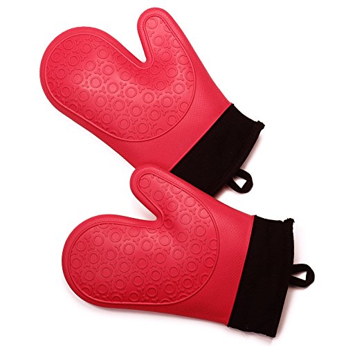 MANLEHOM Silicone Oven Mitts, Cotton Lining Heat Resistant Non-Slip Silicone Kitchen Gloves Great for Baking, Cooking, BBQ (1 Pair Red)