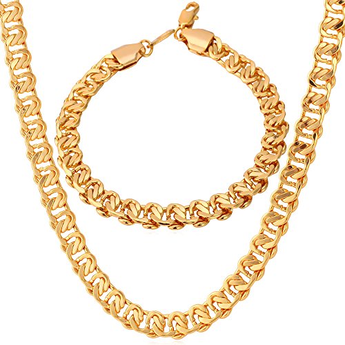 U7® New Arrival 18K Gold Plated 22inch 8MM Men's Classic Chain Necklace Bracelet Jewellery Set