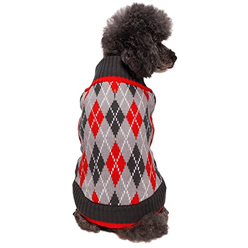 Blueberry Pet 14-Inch Back Length Chic Argyle All Over Dog Sweater in Charcoal and Scarlet Red, Clothes for Dogs