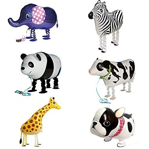Signstek 6pcs Walking Animal Balloons Birthday Party Decor Children Kids Gift - Including Bulldog, Giraffe, Zebra, Elephant, Panda, Cow