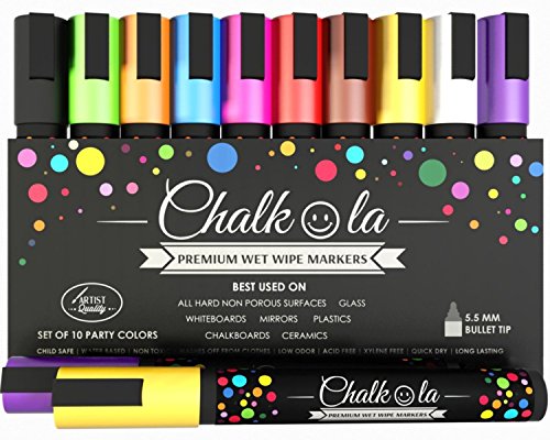 Chalk Pens - Pack of 10 neon colour markers. Used on Whiteboard, Chalkboard, Window, Blackboard - 6 mm Bullet Tip with 8 gram Ink