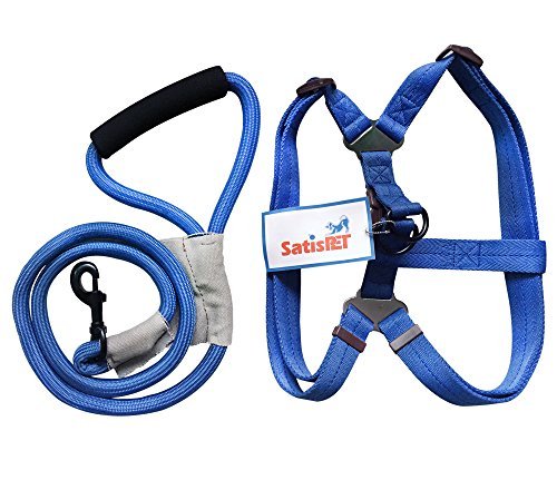 SatisPet Adjustable Harness And Leash(120CM) Set For Large Breed Dogs Blue XL Size - #1 Exceptional Rope-Style Dog Harnesses With Lead Handle - SGS Approved Heavy Duty Dog Holder