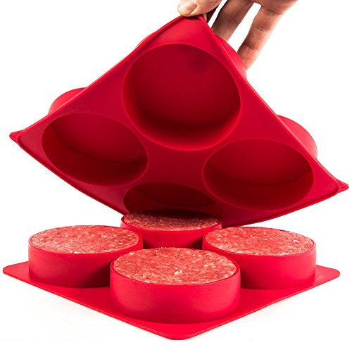 HomeQuip 4 Cavity Burger Press - Make Healthy Homemade Hamburgers & Gourmet Patties for BBQ Grill with The BurgerMiester | Oven Bake Quiches, Pies & More | Easy to Store Premium Food Grade Non-Stick Silicone Tray