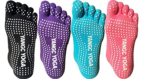 4 Pairs Full Toe Non Slip Skid Yoga Pilates Socks with Grips Cotton for Women
