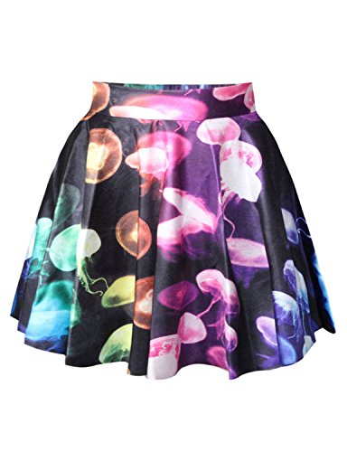 Pink Queen Women Girls Digital Print Stretchy Flared Pleated Casual Mini Skirt (Free Size, Jellyfish)
