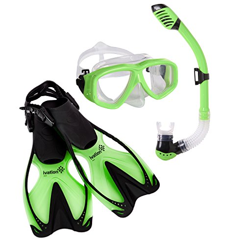 Snorkeling Set - Kids Snorkel Mask & Fins Set - Includes Double Lens Snorkel Mask; Snorkel w/Dry Top, Lower Purge Valve & Flexible Mouthpiece; & Adjustable Speed Fins