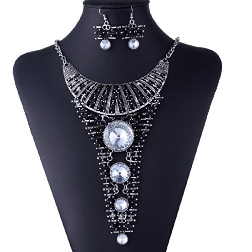 Retro Gothic Tibet Silver Acrylic Clear Crystal Bead Statement Necklace Earrings
