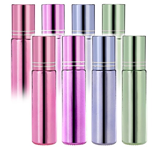 Pack of 8--Roller on Glass Bottles - 10ml Glass Containers for Essential Oil, Empty Aromatherapy Essential Oils,Perfume Bottles - Refillable Slim with Metal Ball by Mavogel