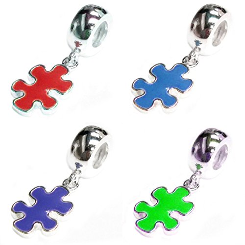 Sterling Silver Autism Puzzle Enamel Awareness European Style Dangle Bead Charm
